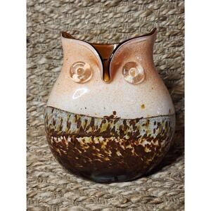 Vintage Hand Blown Studio Art Murano Glass Owl Vase Brown Cream 7" Home Decor
